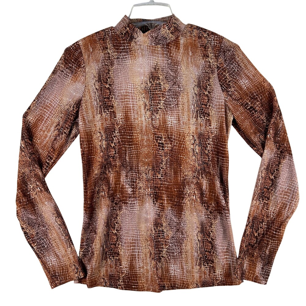 Willow-root Blouse Womens Medium Brown Mock Neck Snake Print Mesh Sheer Top